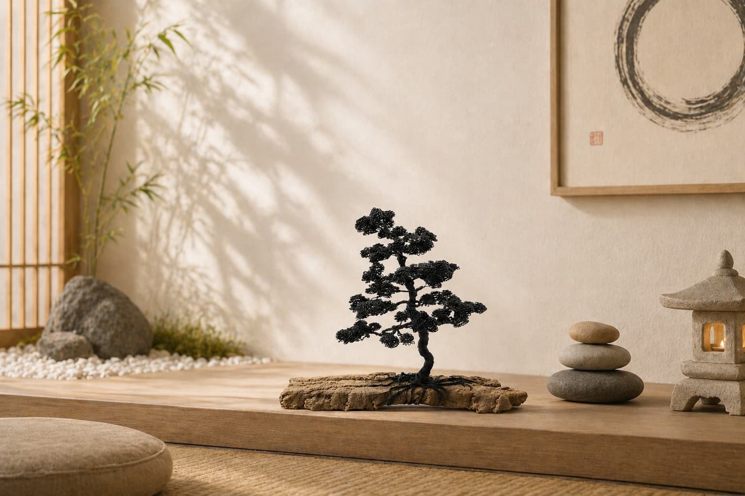 Arbre bonsaï en fil d'aluminium sur bois flotté posé en intérieur zen — création Florifer, artisan à Nantes