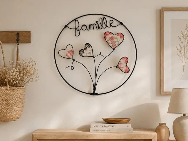Cercle famille en fil d'aluminium et tissu, décoration murale symbolique artisanale — Florifer