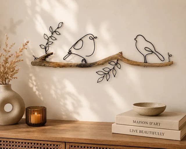 Deux oiseaux et feuillages en fil d'aluminium sur bois flotté, décoration murale naturelle artisanale — Florifer