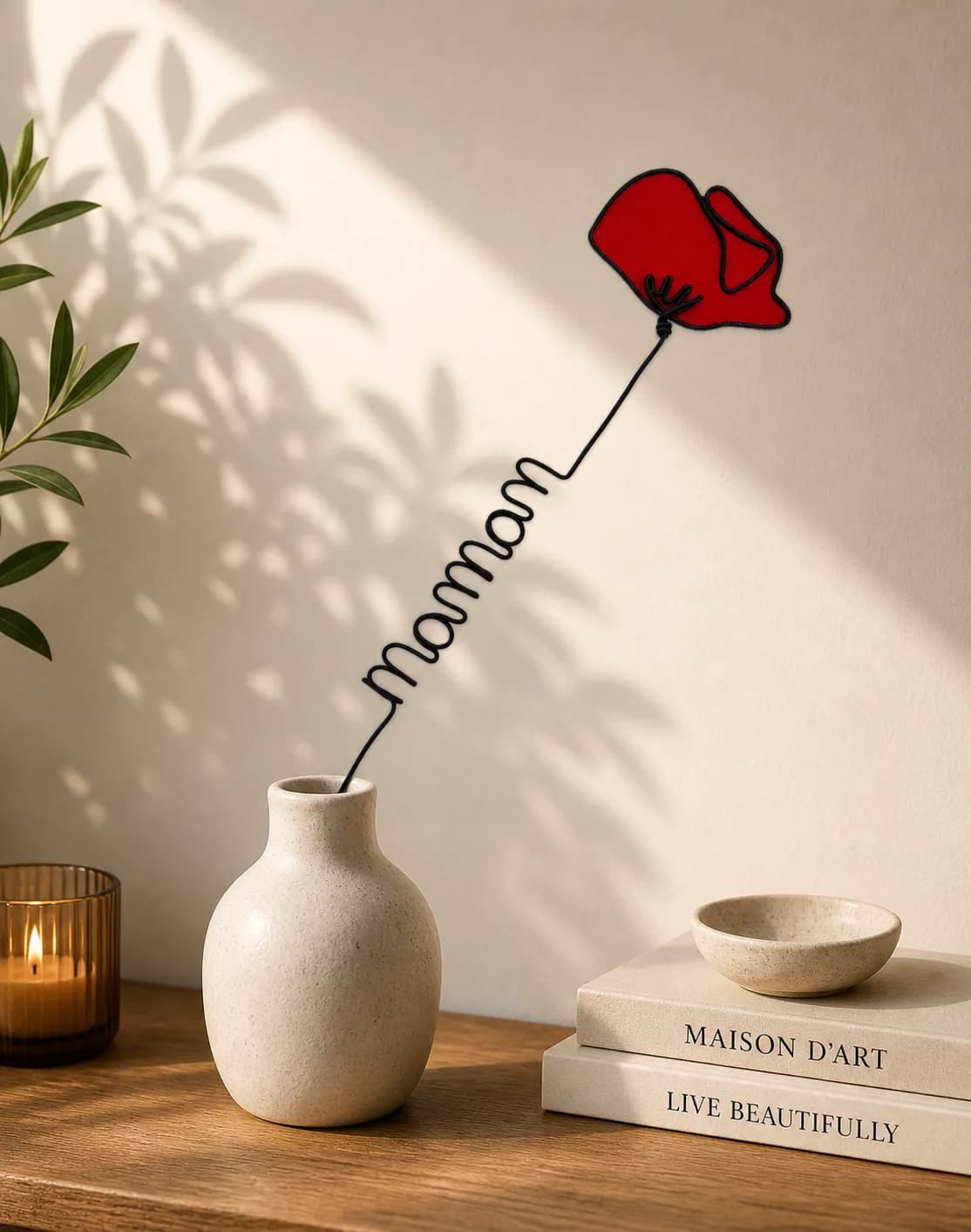 Coquelicot en fil d'aluminium avec tige calligraphiée personnalisable, décoration florale originale artisanale — Florifer