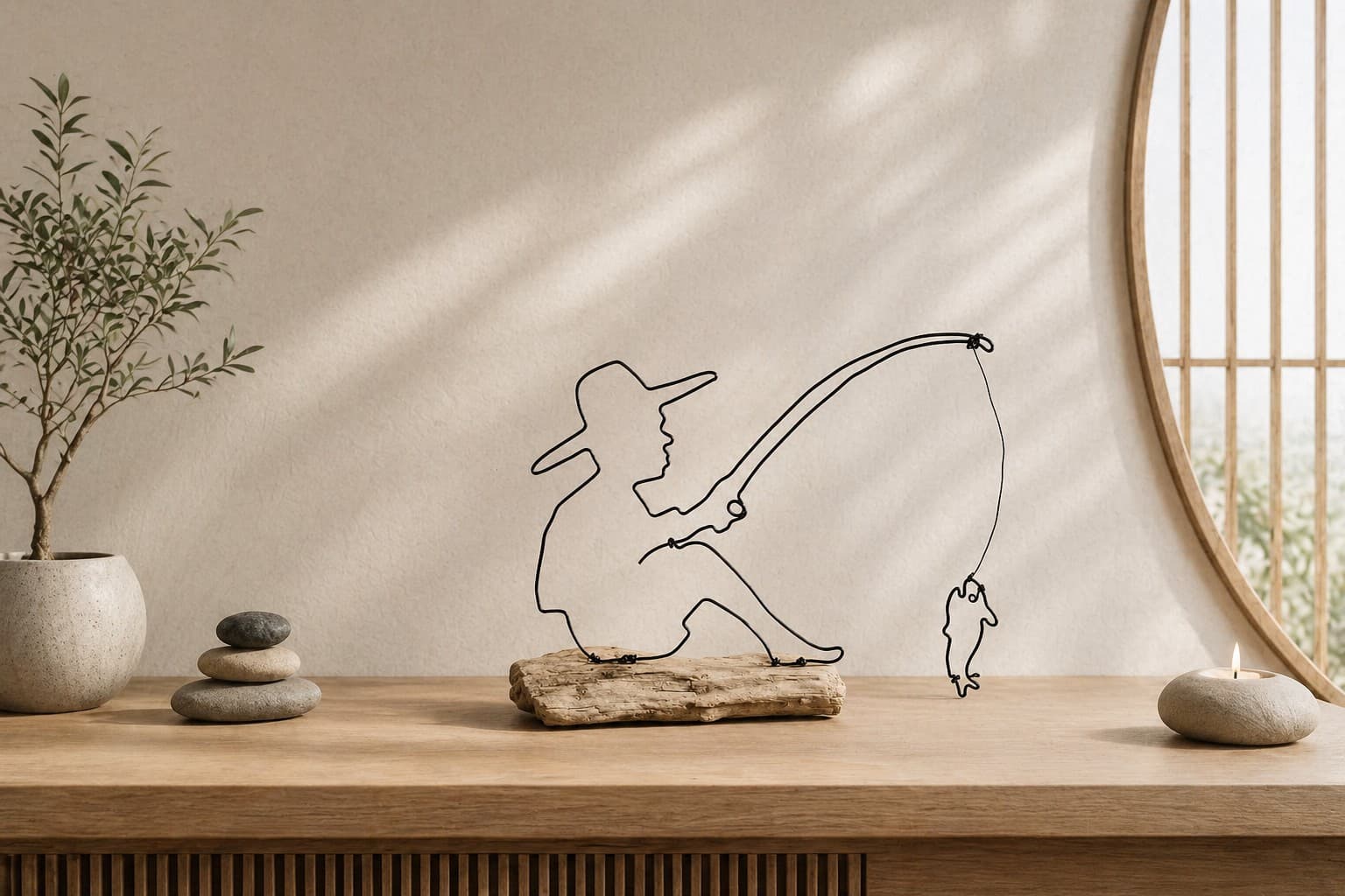 Silhouette de pêcheur en fil d'aluminium, décoration artisanale — Florifer