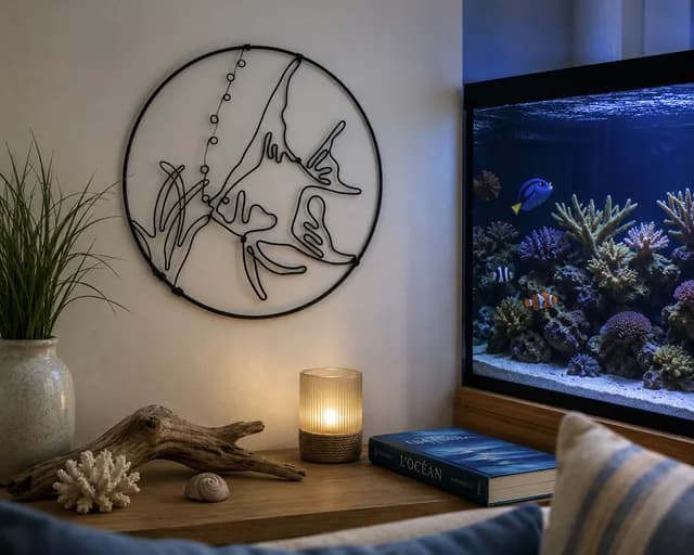 Poisson exotique en fil d'aluminium dans cercle métal, décoration murale colorée artisanale — Florifer